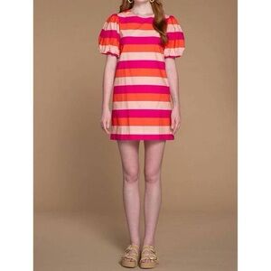 Olivia James Striped Pink and Orange Puff Sleeve Dress